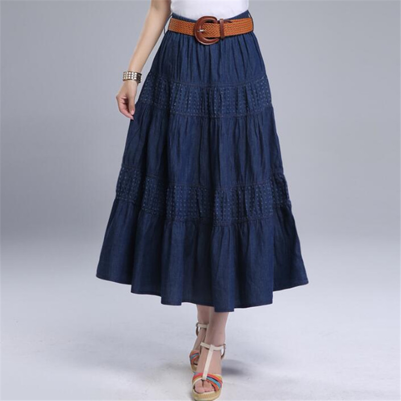 Women Summer Denim Skirts High Waist Plus Size Long Skirt Vintage Solid Color A-Line Jean Skirt With Belt 2019 Spring A5390 V191130