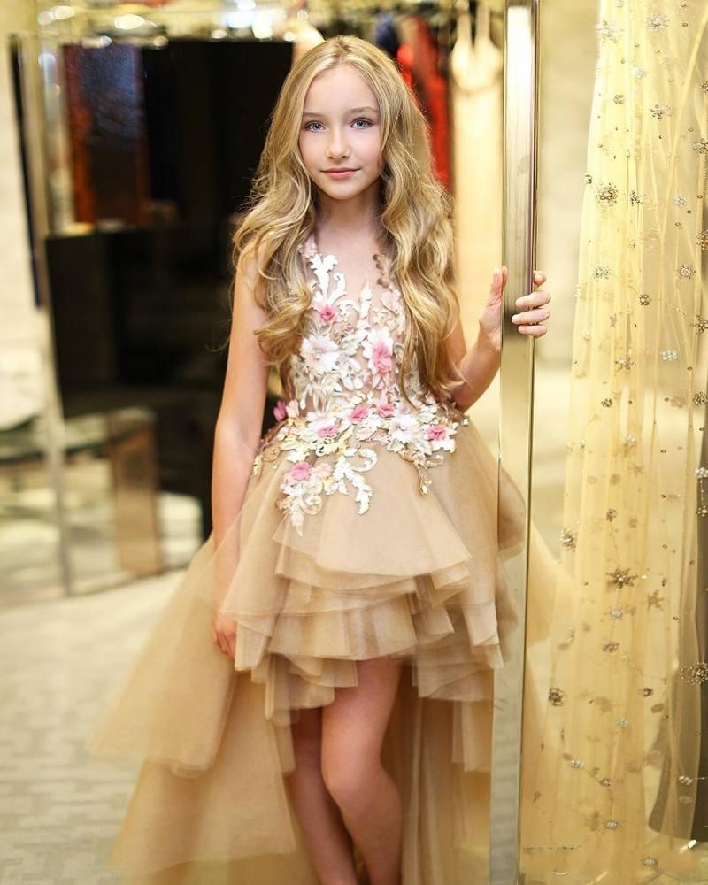 2019 High Low Tiered Flower Girl Dresses for Weddings Little Girls Pageant Dress For Teens 3D Flower Appliqued Tulle Communion Gowns