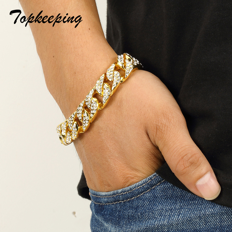 Mens Gold Color Iced Out Rhinestone Fashion Bracelets & Bangles Miami Cuban High Quality Link Chain Bracelet For Hip Hop C19021501