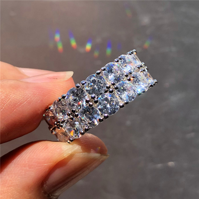 Hip Hop Vintage Fashion Jewelry 925 Silver Double Round Cut White 5A Cubic Zirconia Party Women Wedding Engagement Band Ring For Lovers Gift