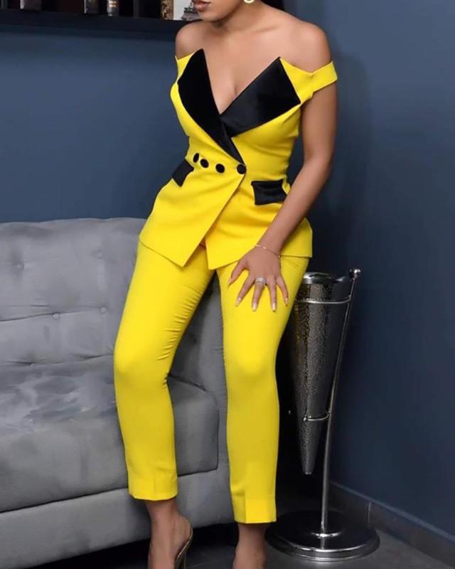 Wholesale-Women 2 Piece Outfits Colorblock Off Shoulder Notched Collar Buttoned Blazer & Pants Sets, Black
Wholesale-Women 2 Piece Outfits Colorblock Off Shoulder Notched Collar Buttoned Blazer & Pants Sets, Black