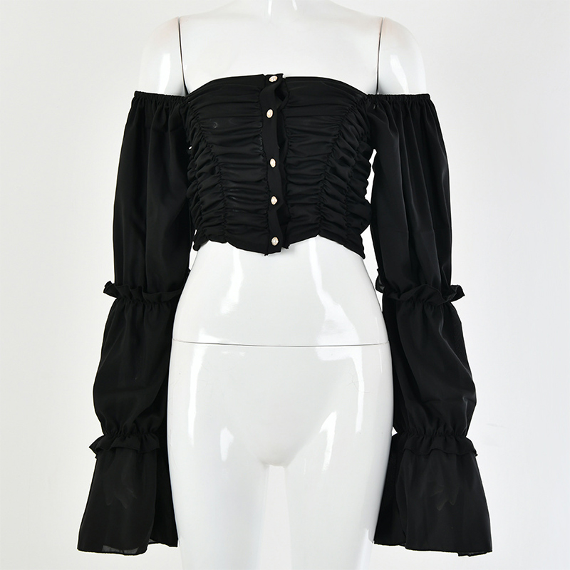 2020 Chiffon Button Puff Sleeve Crop Tops Women Black Sexy Slash Neck Backless Short Shirts Female Summer Fashion Ladies Clothes
2020 Chiffon Button Puff Sleeve Crop Tops Women Black Sexy Slash Neck Backless Short Shirts Female Summer Fashion Ladies Clothes