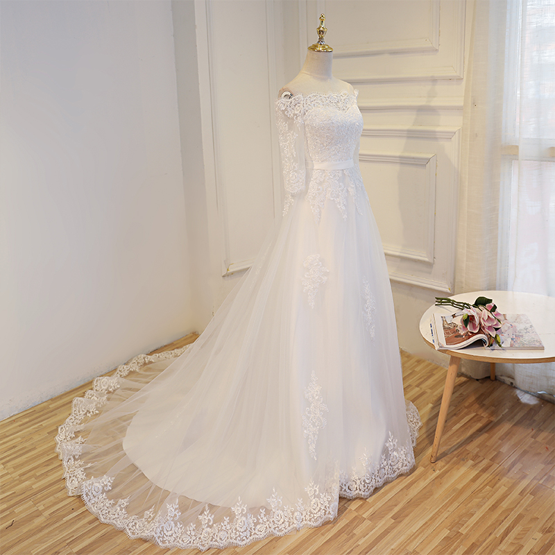 Vintage Lace Wedding Dress Sweep Train Strapless 3/4 Long Sleeves Lace-up Back Wedding Gowns Bridal Dresses