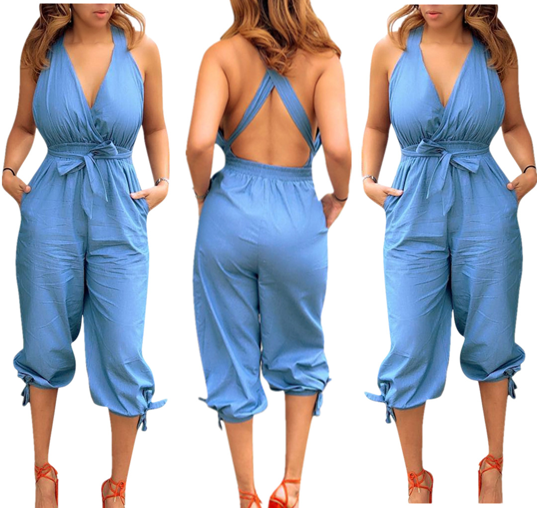 Jumpsuits spring and summer European casual Fashion backless V-neck tie jumpsuit support mixed batch