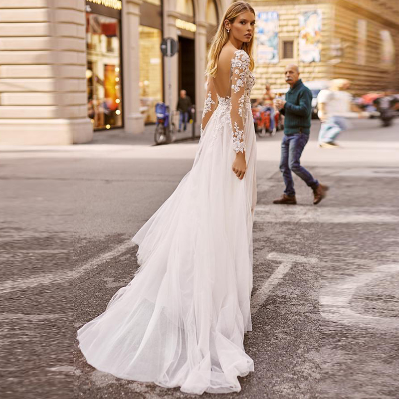 2020 Berta Wedding Dresses V Neck Appliqued Long Sleeves Lace Bridal Gown Backless High Split Robes De Mariée