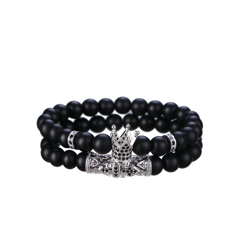 2 Set Bracelets - Matte Black Onyx 8MM Crown Men and Women Tattoo Personality Friendship Gift bracelet