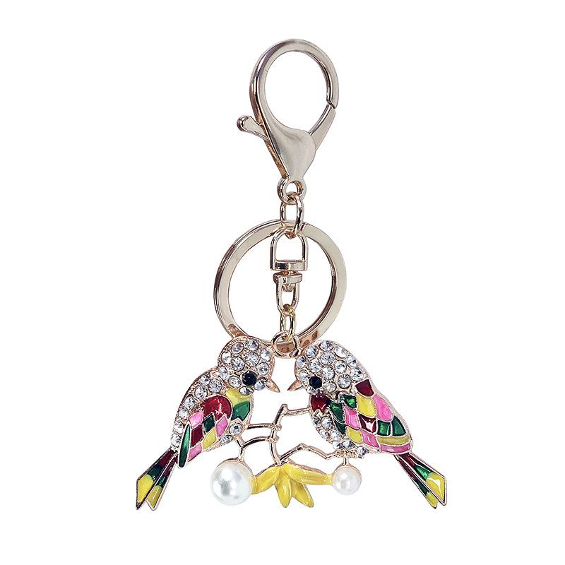 Newest Forest Bird Key Rings Holder Alloy Rhinestone Pendant Keychain Pearl Women Bag Charms 3D Keyring Chain Accessories for Car Keys