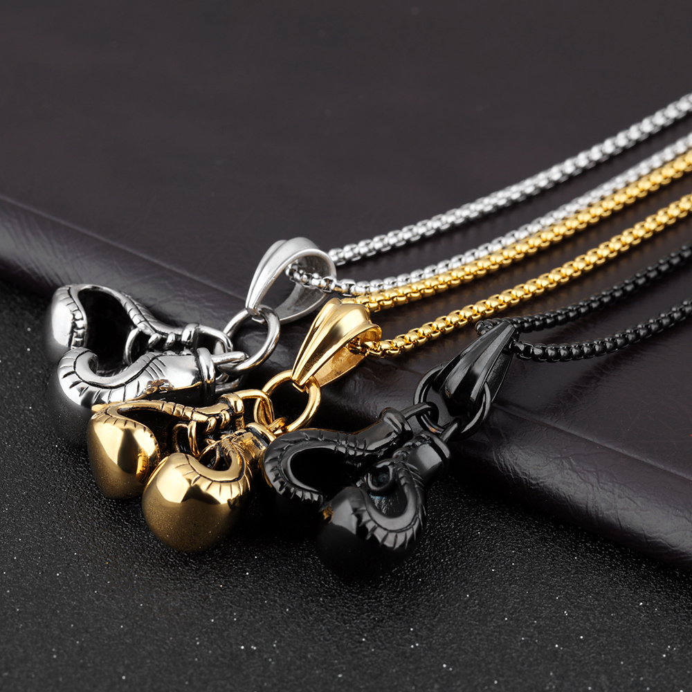 Cool Sport Fitness Pair Boxing Glove Pendant Necklace Stainless Steel Workout Jewelry Gold Plated New Men Necklace Charm Pendants