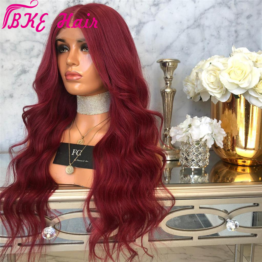 Middle part body wave Burgundy brazilian Hair lace front Wig Red Wine synthetic Wig heat resistant Preplucked With Baby Hair