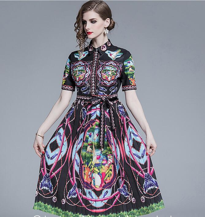 Waist pleated skirt long retro print dresses street style dresses summer Flora printed knee-length short sleeve, Multi
Waist pleated skirt long retro print dresses street style dresses summer Flora printed knee-length short sleeve, Multi
