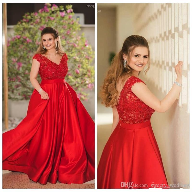 Lace Plus Size Appliques A-Line Prom Dresses Red Modest Satin Beading Sequins Long Party Evening Gowns Floor Length Robe De Mariee