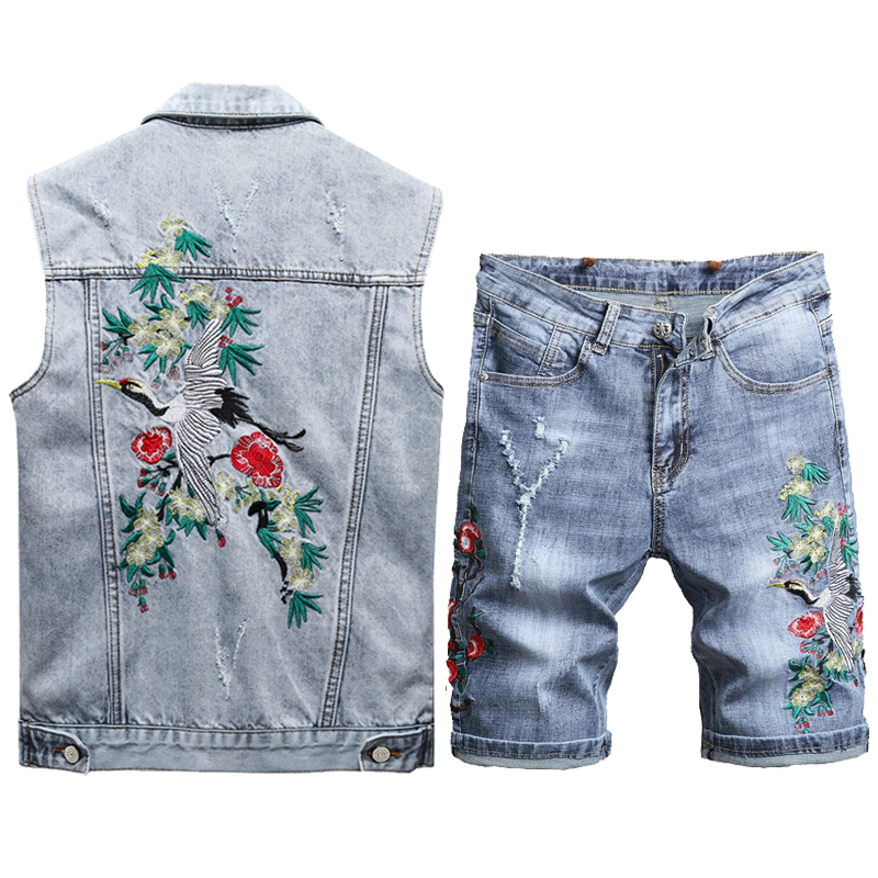 Fashion Shorts Sets Men 2020 Summer 2pcs Embroidery Plum Blossom Red-crowned Crane Vest + Denim Shorts Sets Mens Casual Suit Set, Gray
Fashion Shorts Sets Men 2020 Summer 2pcs Embroidery Plum Blossom Red-crowned Crane Vest + Denim Shorts Sets Mens Casual Suit Set, Gray