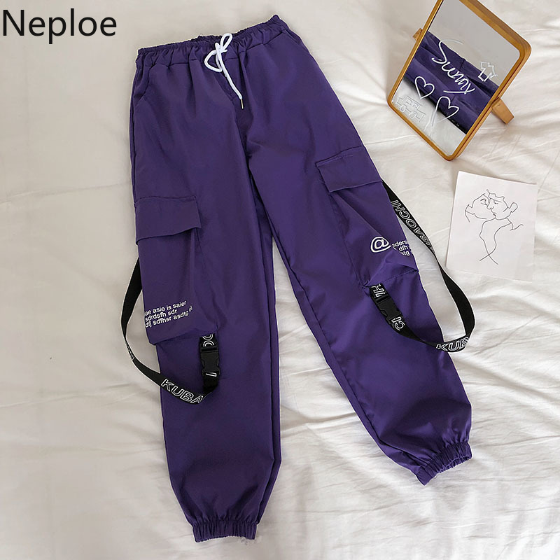 Neploe Hip Hop Streetwear Women Cargo Pants High Waist Pockets Ribbon Trousers Female Loose All Match 2019 New Fashion 90230