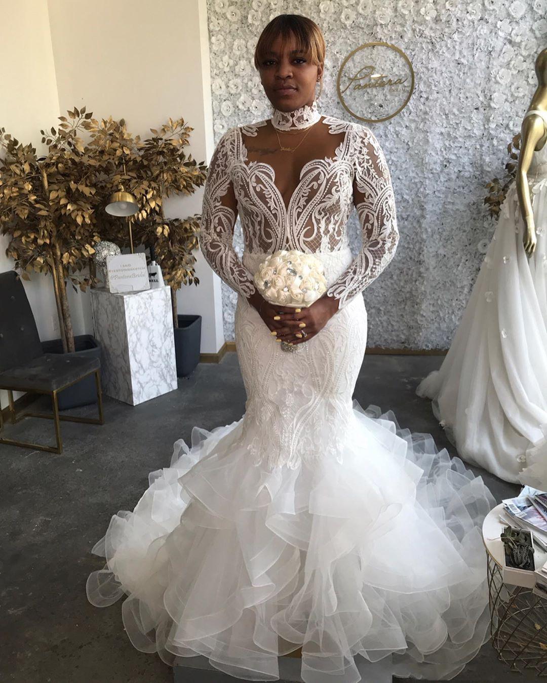 Fabulou Mermaid Lace Ackle Wedding Dree High Neck Long Sleeve Ridal Gown Plu Size Sweep Train Tulle Tiered Robe