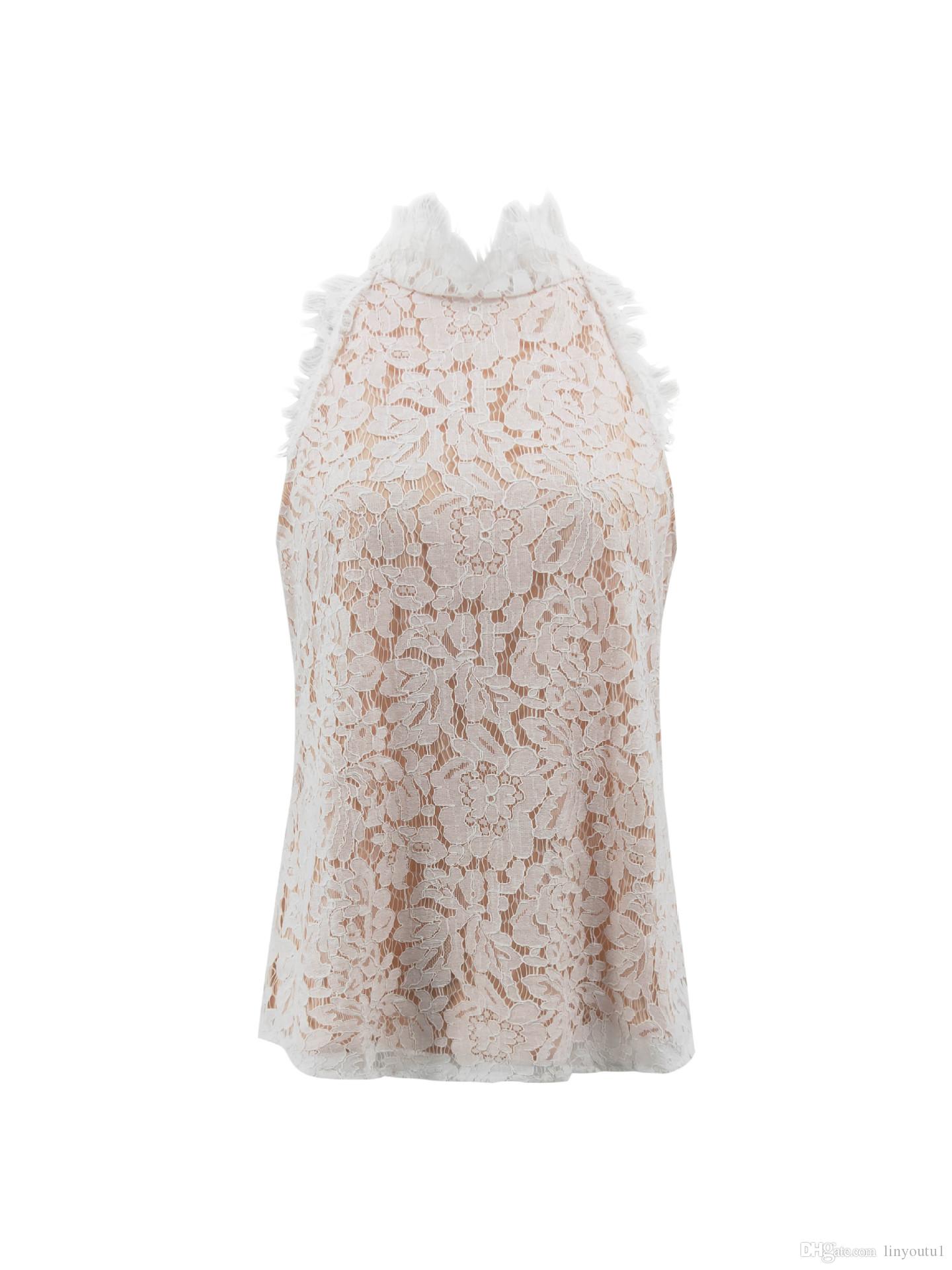 hot sale Womens Tops and Blouses Women Lace Solid Sleeveless Hollow Blouse Tops Shirt Shirts White Black Women clothes Hollow