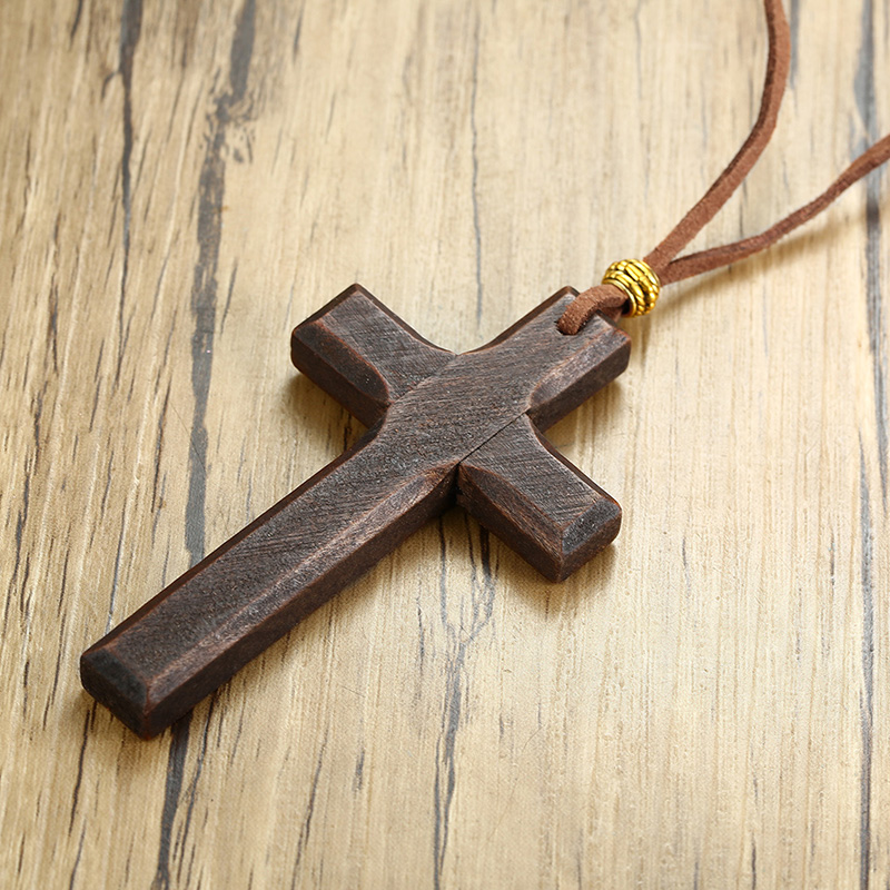 Large Wood Necklace with Leather Cord Hand Carved Necklace Faith Jesus Mens jewelry