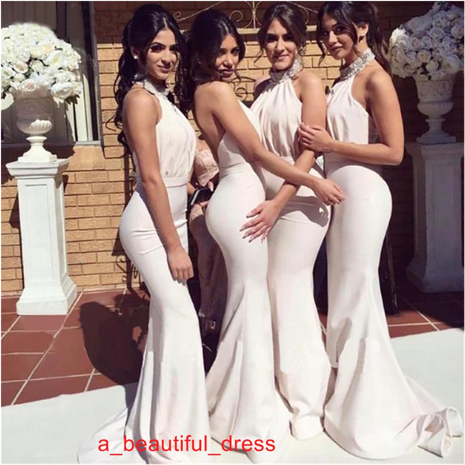 White Mermaid Bridesmaid Dress Sexy Halter Sleeveless Backless Mermaid Court Train Bridesmaid Dress Prom Dress