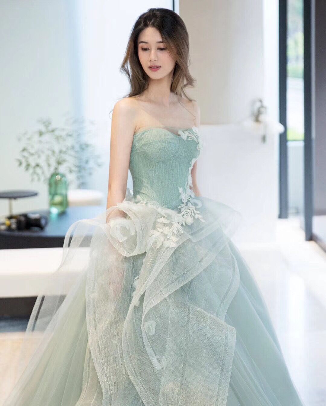 Strapless Sage Ball Gown Prom Dress Lace-up/Zipper Back Sweep Train Evening Gowns