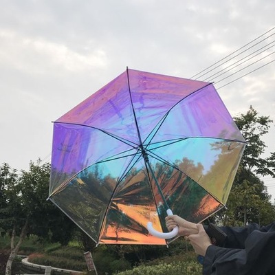 Plastic PVC Holographic Umbrella Fashion Rain Sunshade Long Handle Transparent Umbrella