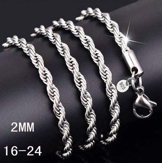 Top Quality 925 Sterling Silver Men Women Twist ROPE Chain Necklaces 2MM