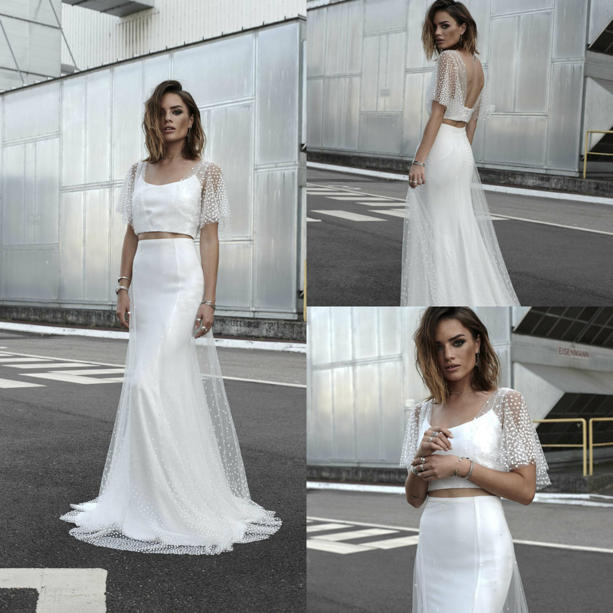 2019 Bohemia Wedding Dresses Two Pieces Square Neck Tulle With Spot Half Long Sleeve Country Wedding Dress Plus Size Mermaid Bridal Gowns