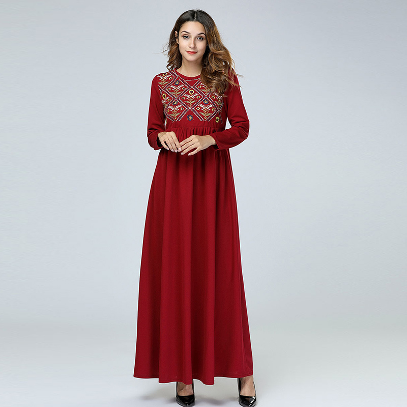 Middle East Afghani Abaya Dubai Red Muslim Dress Flowers Embroidery Kaftan Robe Turkish Islamic Plus Size Clothing Long Dresses