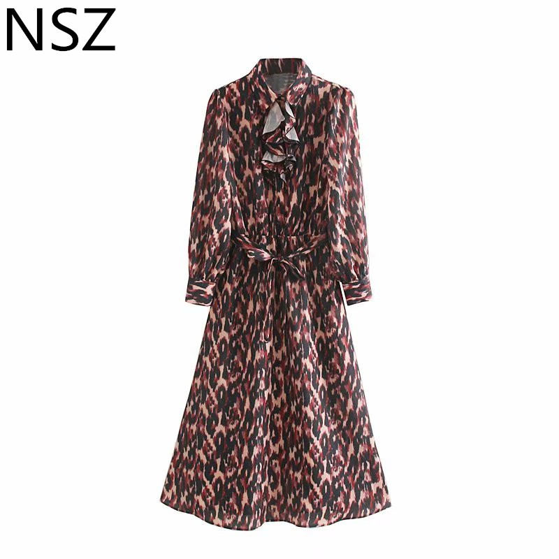 NSZ women animal print leopard long maxi dress long sleeve with belt elastic waist ruffles shirt dresses, Brown
NSZ women animal print leopard long maxi dress long sleeve with belt elastic waist ruffles shirt dresses, Brown