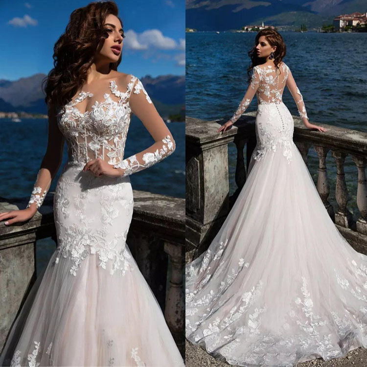 newest mermaid wedding dresses sheer long sleeve backless appliqued bridal gowns illusion bodice beach wedding dress vestidos de novia