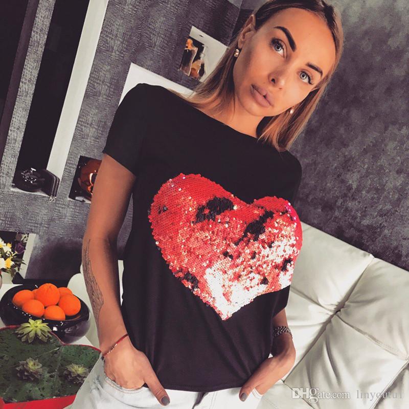 2020 high quality lady top Womens t shirt Heart Sequins O Neck Long Sleeve T Shirt Harajuku Ladies Tops Streetwear Women Clothes tee shirt