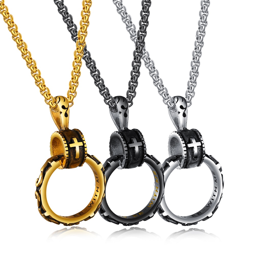Creative Hip Hop Longevity Circle Cross Pattern Pendants Necklace Jewelry Stainless Steel Religious Jewelry Gift