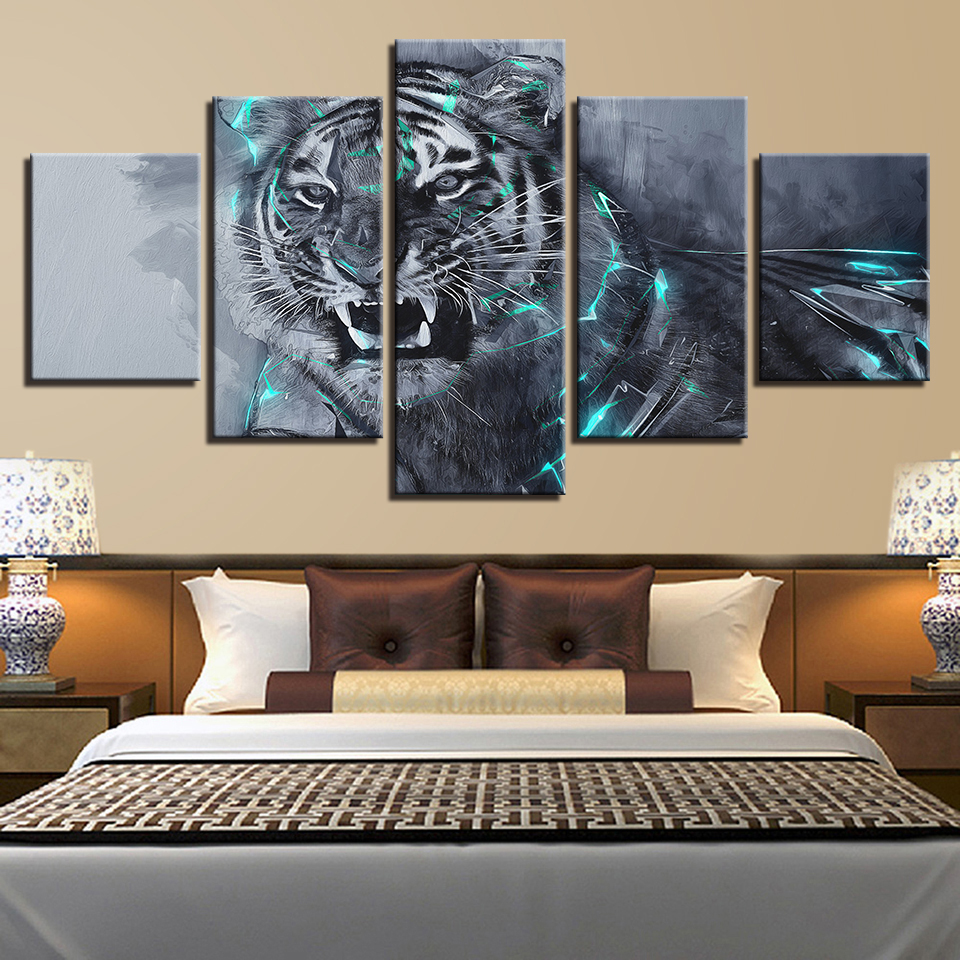 Bedroom Or Living Room Wall Decor 5 Pieces HD Printing Fierce Tiger Animals Pictures Canvas Modular Posters Framed Paintings Art(No Frame)