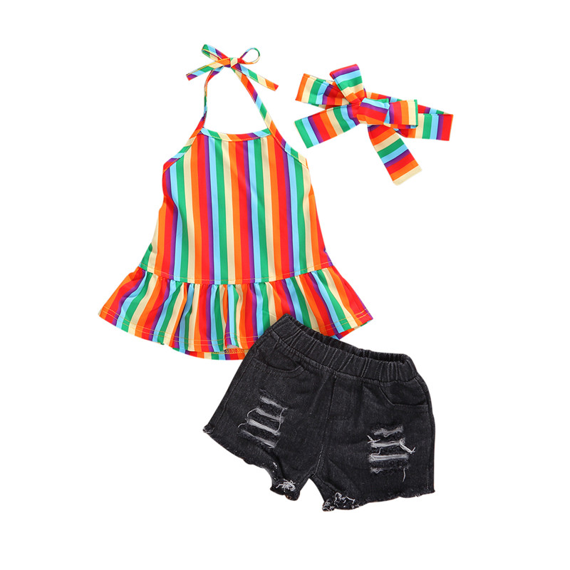 0-5Y Summer Infant Baby Girls Clothes Sets Rainbow Striped Print Bowknot Sleeveless Vest+Denim Shorts Girls Party Clothing Sets, As pic 
0-5Y Summer Infant Baby Girls Clothes Sets Rainbow Striped Print Bowknot Sleeveless Vest+Denim Shorts Girls Party Clothing Sets, As pic