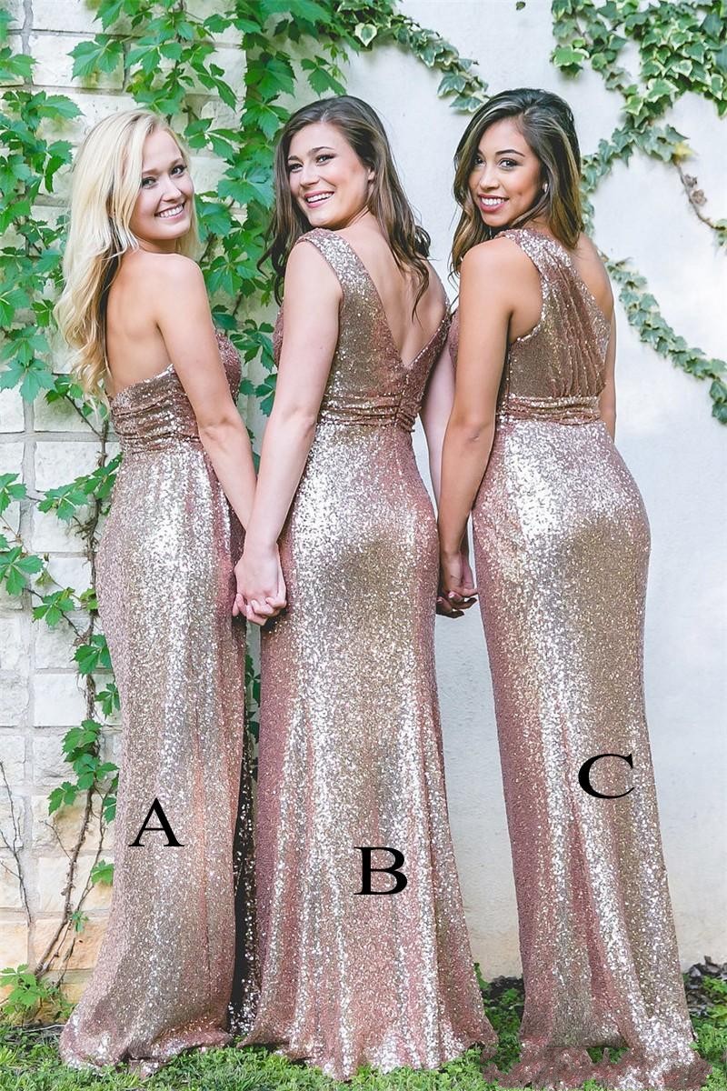2019 New Cheap Rose Gold Long Bridesmaid Dresses V Neck Sweetheart One Shoulder Sequins Long Bridesmaids Party Dress Wedding Guest Gowns