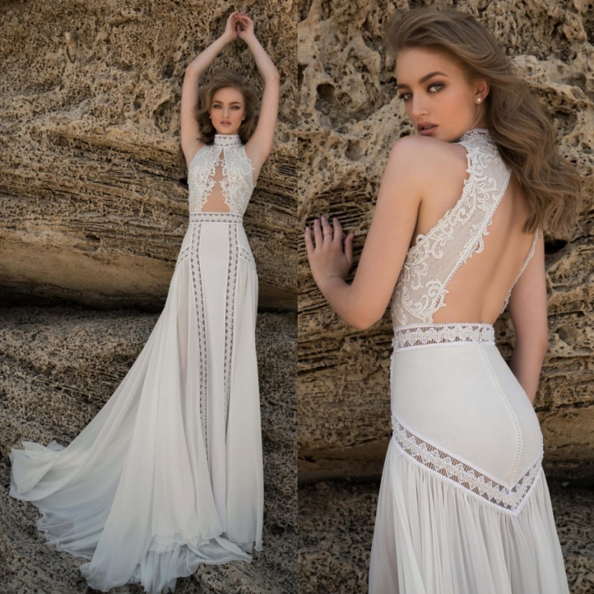 Mermaid Fabulous Lace Beach Wedding Dresses High Neck Appliqued Backless Bridal Gowns Sweep Train Chiffon Beaded Robes De Mari E