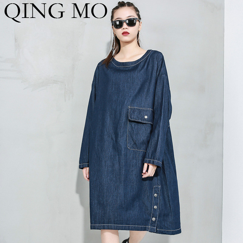 QING MO Black Blue Women Denim Dress 2020 Women Vintage Loose Dress Female Personality Pullovers ZQY3624
QING MO Black Blue Women Denim Dress 2020 Women Vintage Loose Dress Female Personality Pullovers ZQY3624