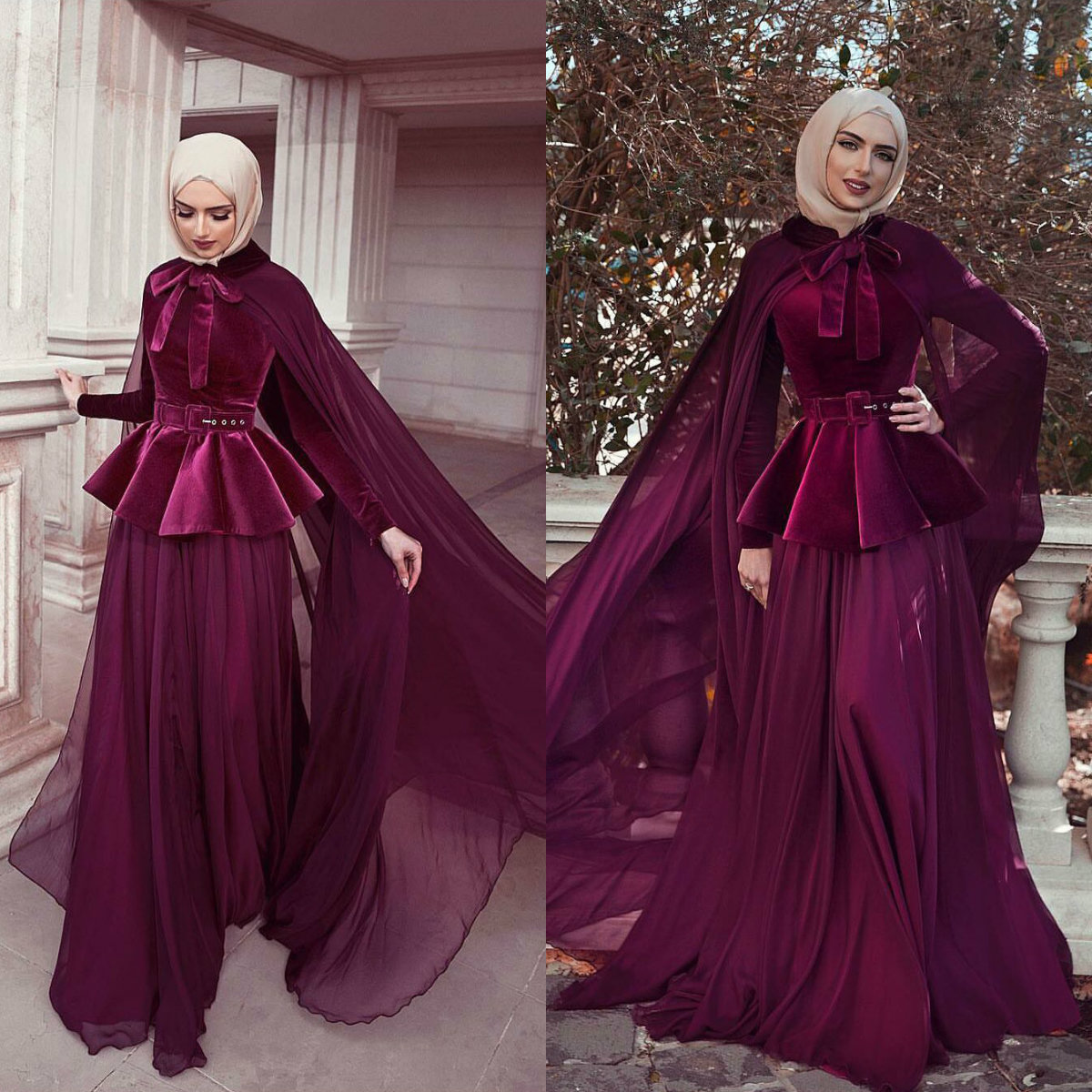 Said Mhamad Burgundy Prom Dresses 2019 Long Sleeve Muslim Evening Gowns High Neck Velvet Peplum Formal Party Dresses with Wrap