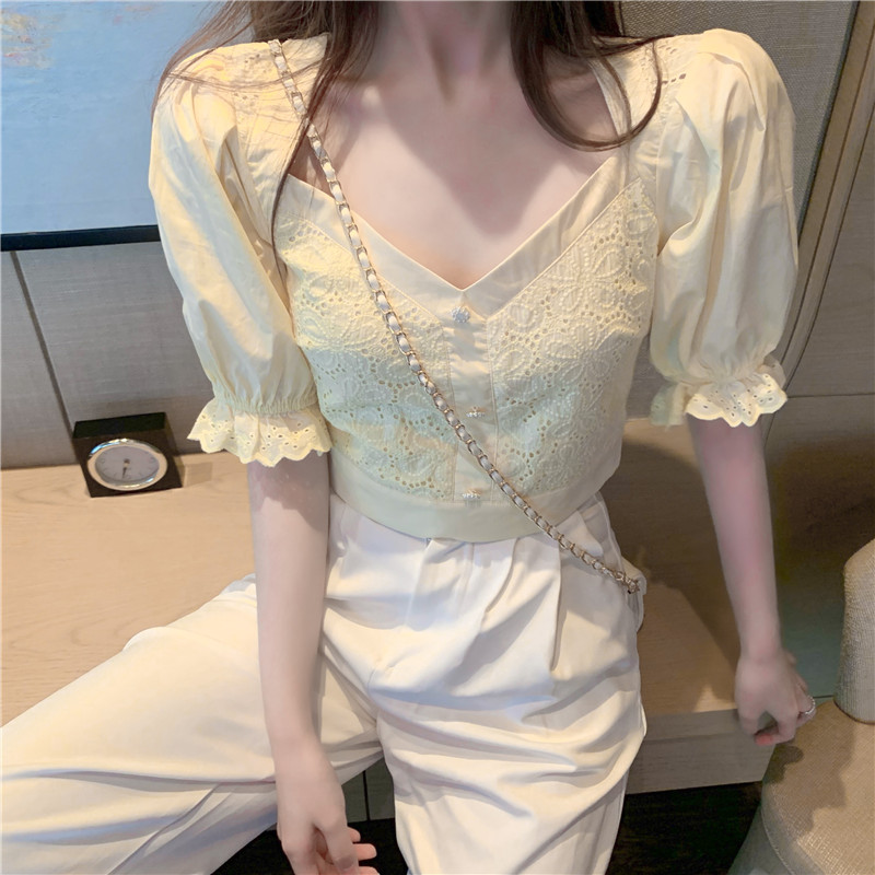 COIGARSAM Embroidery Shirt Womens tops Puff Sleeve Square Collar Hollow Out Women shirts White Yellow 2676
COIGARSAM Embroidery Shirt Womens tops Puff Sleeve Square Collar Hollow Out Women shirts White Yellow 2676