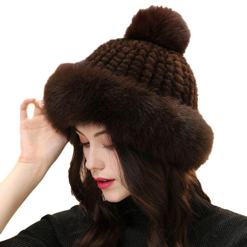 Real Mink Fur Christmas Hats Real Fox Fur Brim Winter Warm Cap For Women 9Colors