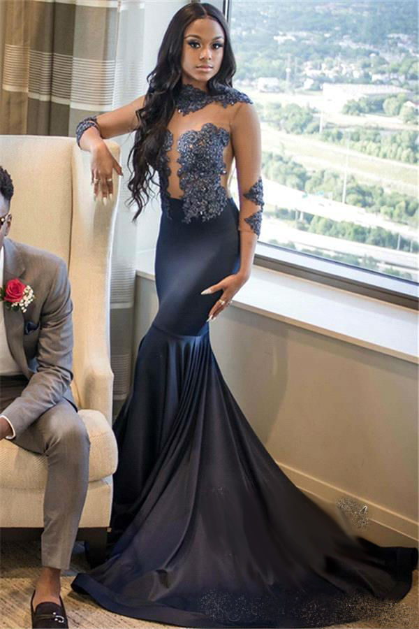 Navy Blue Mermaid Prom Dresses Jewel Neck Sheer Long Sleeve Lace Applique Beaded African Formal Party Gowns Slim Fit Sexy Evening Dresses