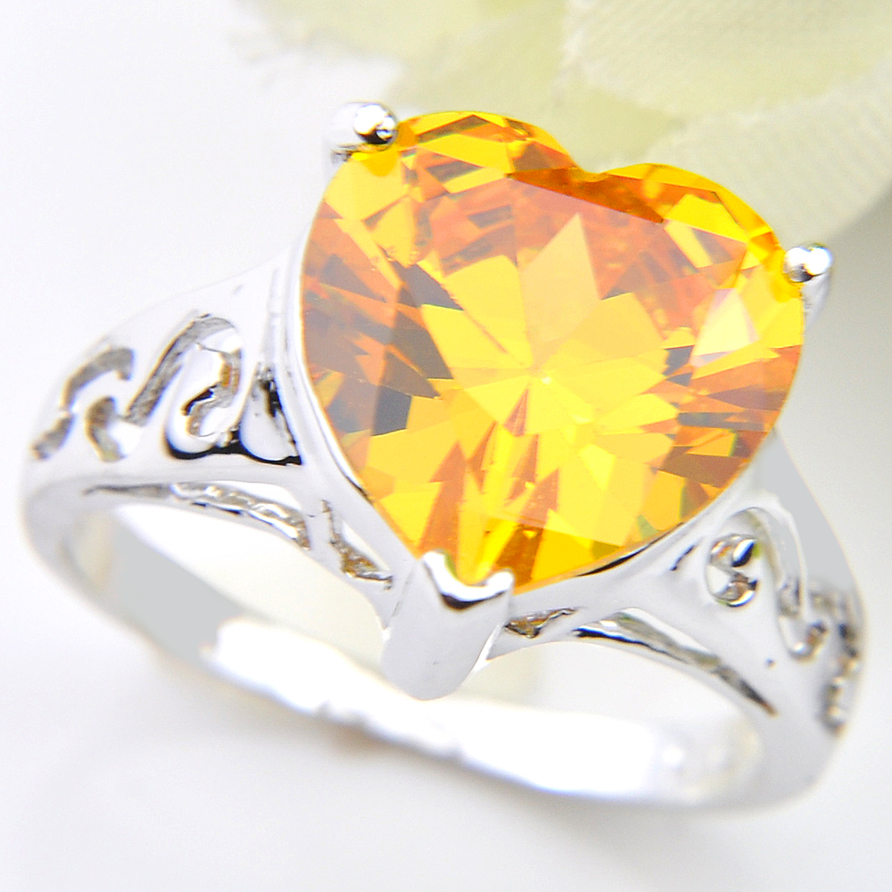 5pcs Lot Wholesale Solitaire Engagement Jewelry Heart Yellow Citrine Gems Gems 925 Sterling Silver Plated For Women Rings US Size 7 8 9