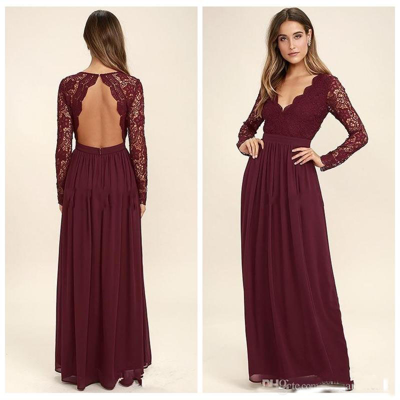 Dark Red Chiffon Bridesmaid Dresses Long Sleeves Country Style V-Neck Backless Long Beach Wedding Party Gowns