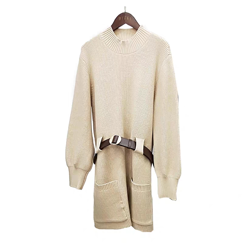 Thickened mid-length sweater skirt female new lantern sleeves loose half-high collar knitted dress, Beige
Thickened mid-length sweater skirt female new lantern sleeves loose half-high collar knitted dress, Beige