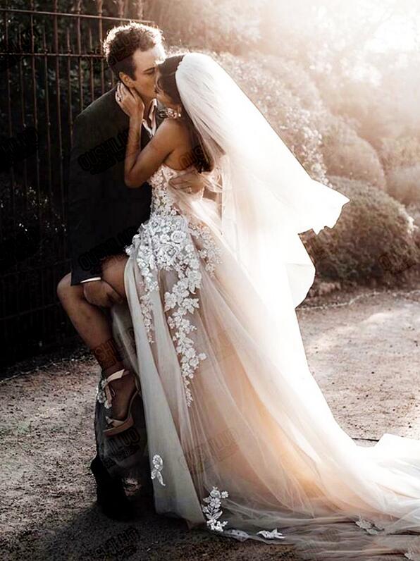 Open Back Bohemian Wedding Dresses sweetheart 2020 Country Wedding Dress Boho Long Backless white bridal Gowns Sheer Tulle With Appliques