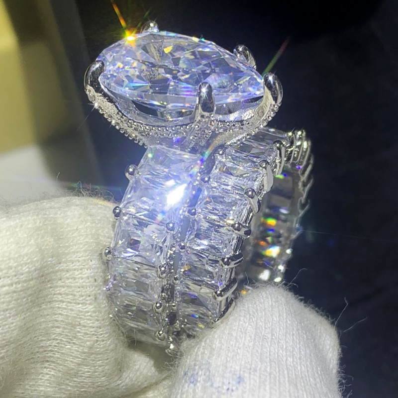 14CT Vintage Jewelry Big Diamond Couple Ring 925 Sterling Silver White Topaz Gemstones Party Water Drop Women Wedding Bridal Ring Set
