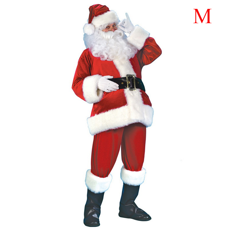 7PCs Adult Santa Claus Costume Flannel Classic Suit Christmas Cosplay Props Men Coat Pants Beard Belt Hat Christmas Set M XL