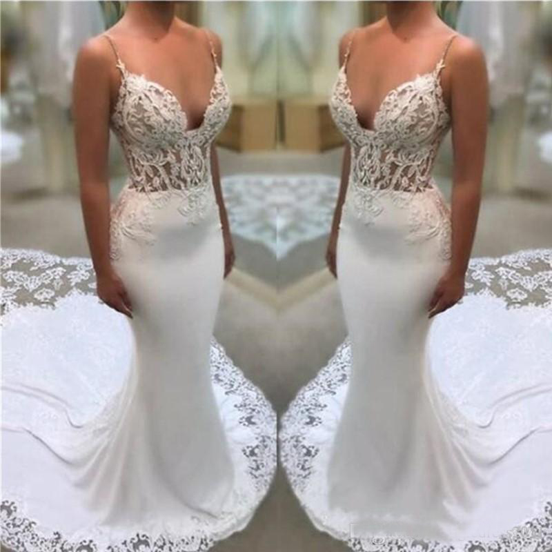 Beautiful Lace Appliques Wedding Dresses New Arrival Spaghetti Straps Mermaid Bridal Gowns With Court Train