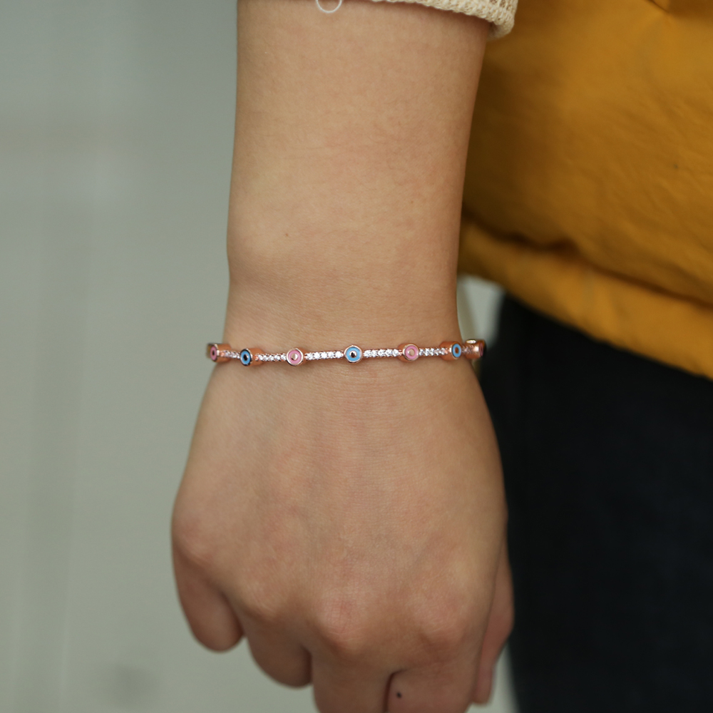 Boho Chic Enamel Evil Eye Cuff Bangle Rose Gold Plated CZ Band Bracelet for Women Fashion Jewelry Gift
