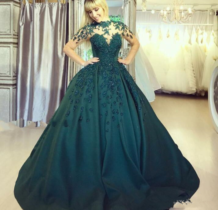 Hunter Green Ball Gown Prom Dresses High Neck Lace Appliques Beads Long Sleeve Dubai Puffy Evening Gowns Saudi Arabic Party Dress