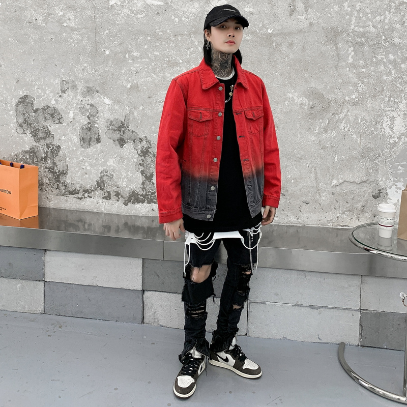 Red Jeans Jacket Men Streetwear Spliced Hip Hop Denim Jacket
