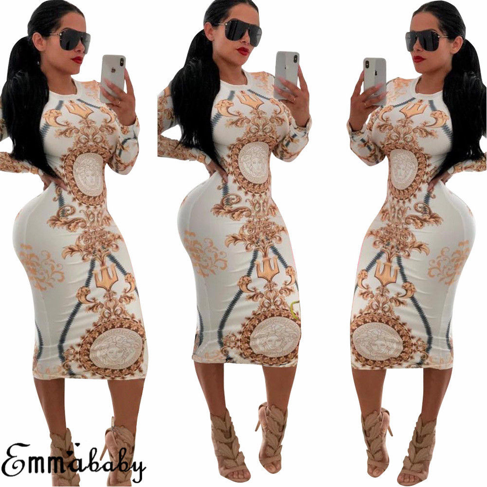 New Women Casual O-neck Print Long Sleeve Bodycon Party Long Dress Ladies Sexy Striped Clubwear Dresses